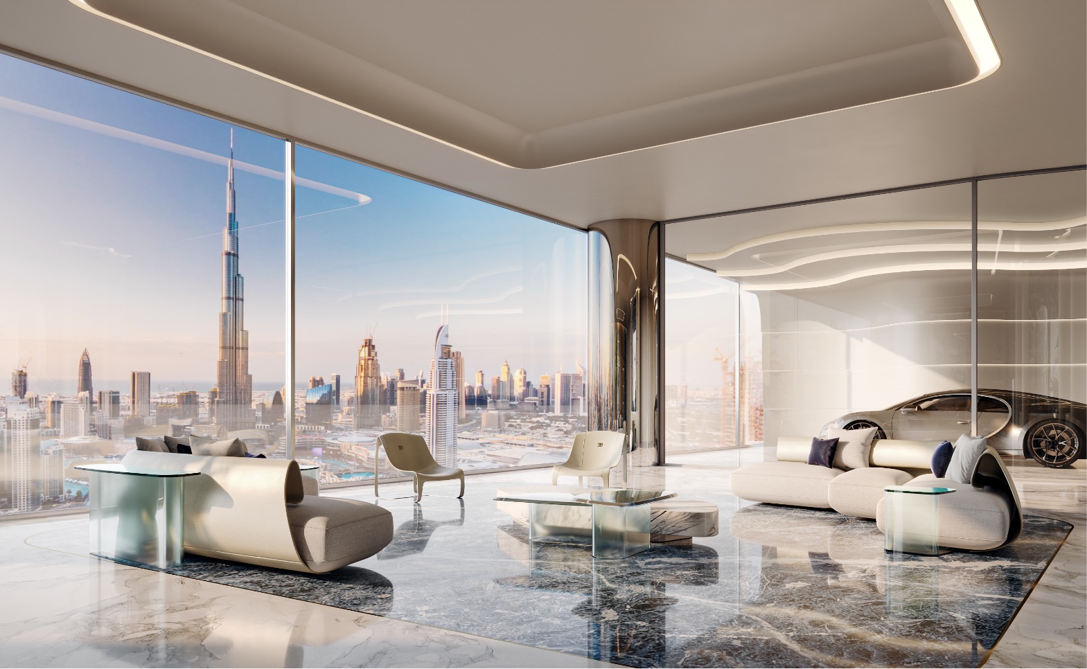 Dubaji luxusrezidencia nappalija panorámával a Burdzs Kalifára